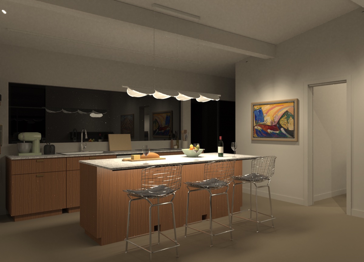 The same view set for guests. The sink lights are off and
                the walls are dim. The pendant still lights the island, a soft
                glow shows under the bar, and the dark window behind the sink
                reflects the pendant and the painting.