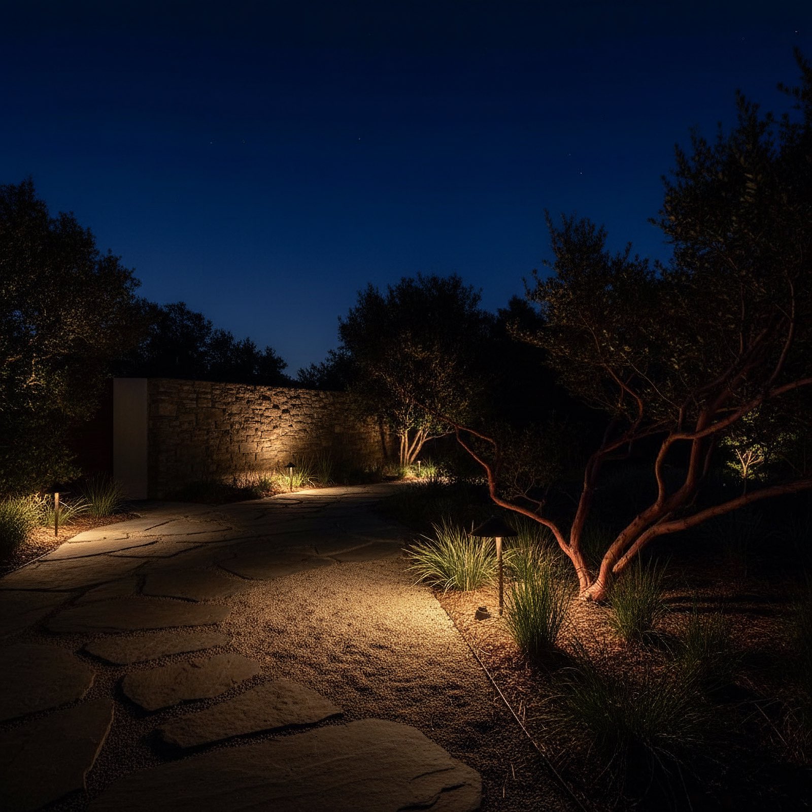 A low shielded path light throwing a soft pool across decomposed granite, with native grasses at the edge of the light.