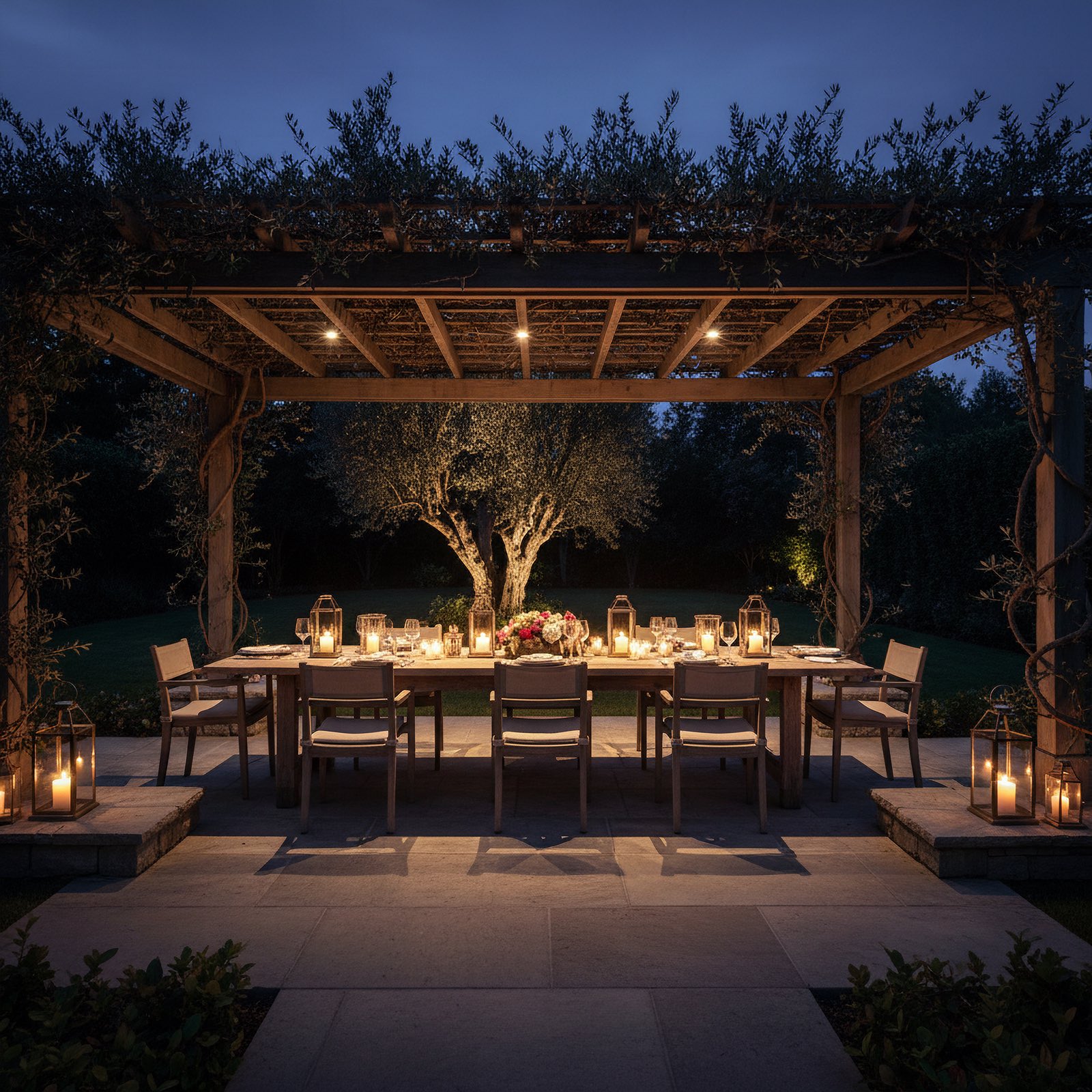 A long dinner table under a vine-covered pergola at night, lit by lanterns and soft sources in the trellis, with an olive tree glowing beyond.